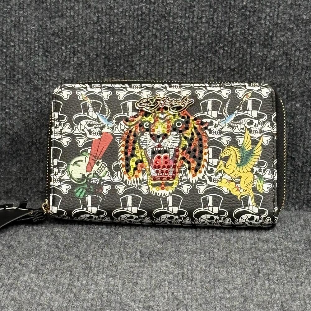 Ed Hardy Wallet Wristlet Womens One Size Black Skull Tiger Tattoo Zip Around